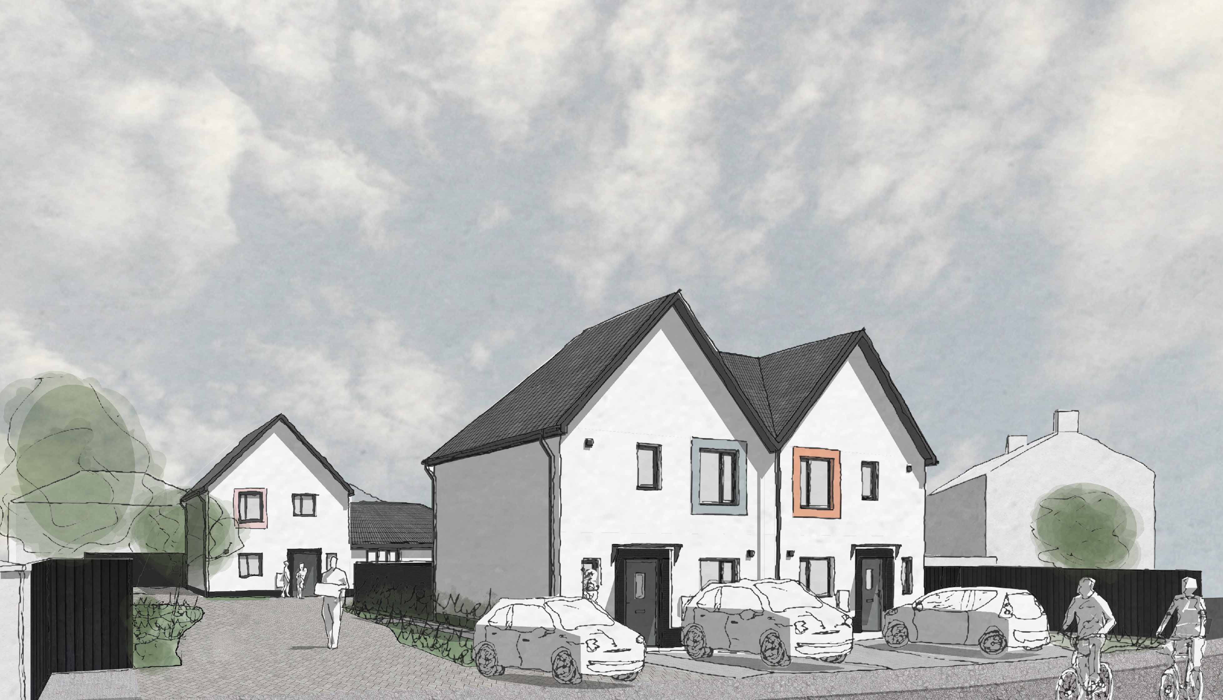 Architectural rendering of modern semi-detached houses with pitched roofs. Several cars are parked in driveways, and a few people are walking along paths under a cloudy sky. Trees and hedges line the scene.